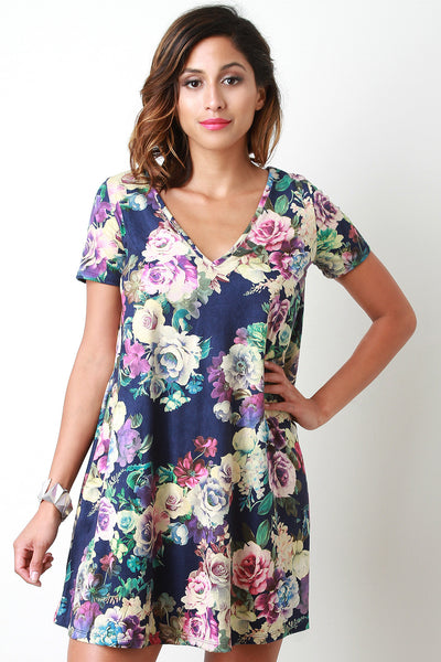 Suede Floral Print V Neck Tee Shirt Dress