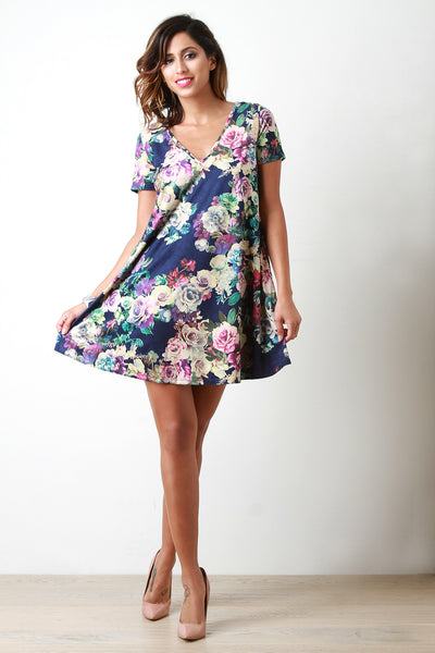 Suede Floral Print V Neck Tee Shirt Dress