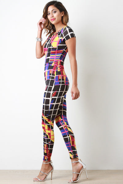 Colorful Grid Short Sleeves Jumpsuit