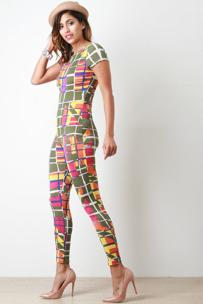 Colorful Grid Short Sleeves Jumpsuit