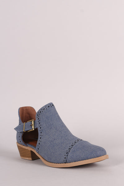 Qupid Perforated Denim Buckled Cutout Cowgirl Ankle Boots