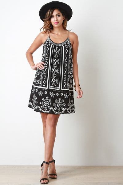 Geo Print Strappy-Back Sleeveless Shift Dress