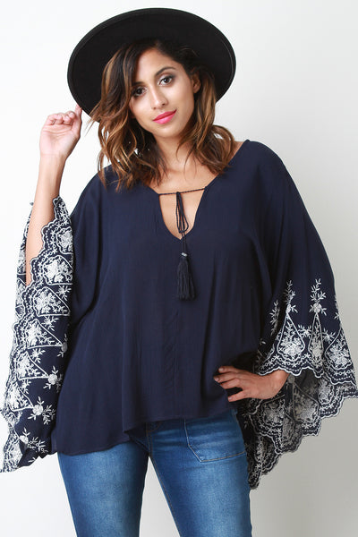 Embroidered Floral Scalloped Kimono Top