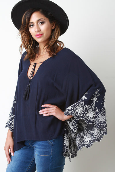 Embroidered Floral Scalloped Kimono Top