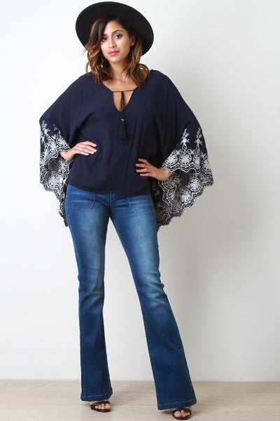 Embroidered Floral Scalloped Kimono Top