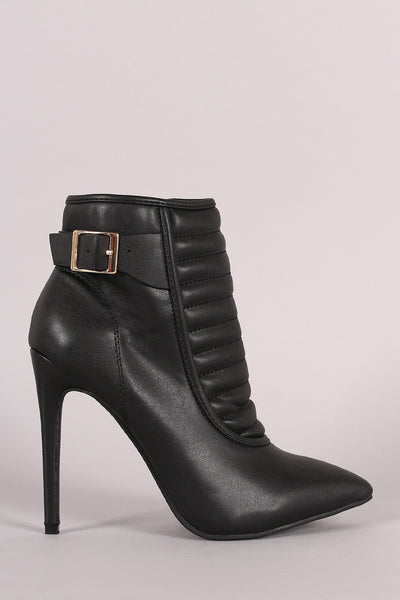 Quilted Buckled Pointy Toe Stiletto Booties