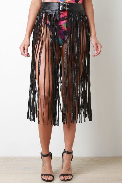 Double Buckled Vegan Leather Fringe Midi Skirt