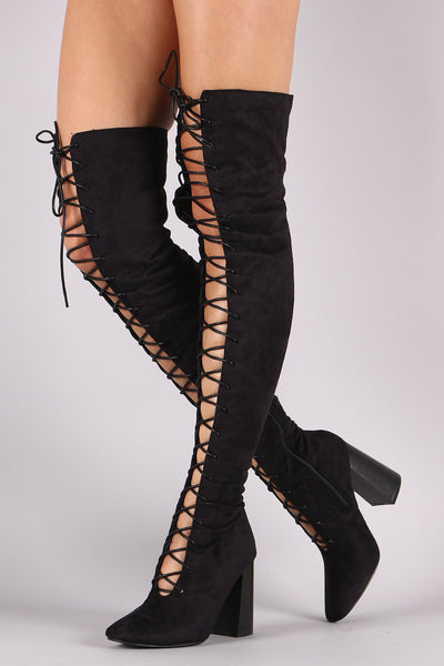 Suede Lace Up Chunky Heeled Over-The-Knee Boots