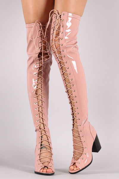 Patent Lace Up Chunky Heeled Over-The-Knee Boots