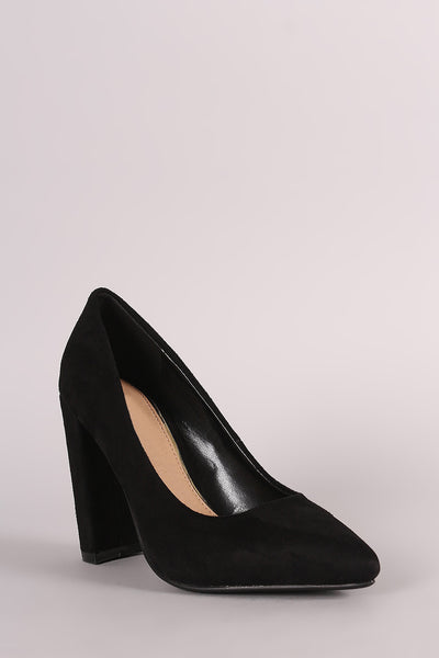 Suede Pointy Toe Chunky Heel Pump