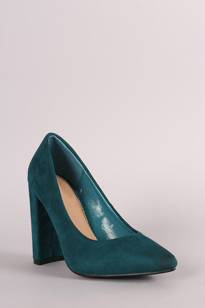 Suede Pointy Toe Chunky Heel Pump