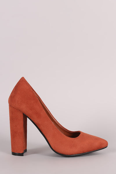 Suede Pointy Toe Chunky Heel Pump