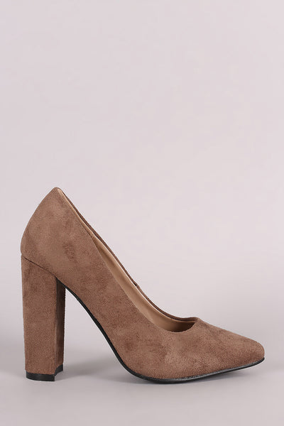 Suede Pointy Toe Chunky Heel Pump