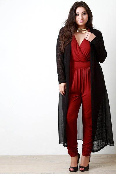 Contrast Knit Crochet Chiffon Longline Cardigan