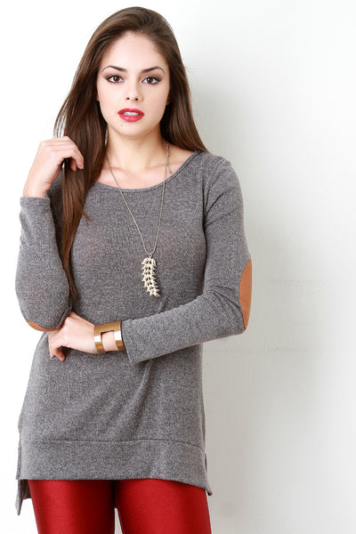 Crisscross Back Elbow Patch High Low Sweater