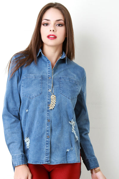 Distressed Button-Up Pocketed Denim Jacket