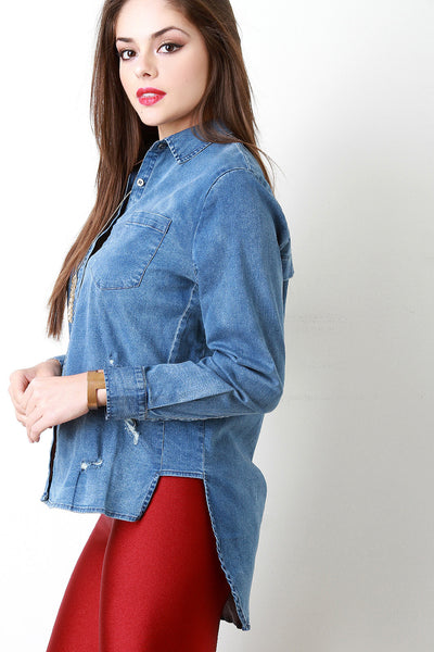 Distressed Button-Up Pocketed Denim Jacket