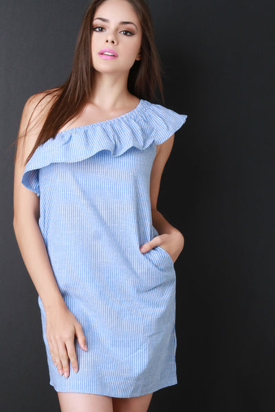 One Shoulder Ruffle Chambray Dress