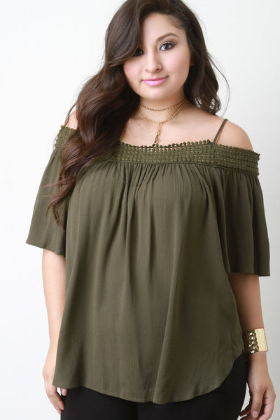 Crochet Trim Cold Shoulder Flowy Top