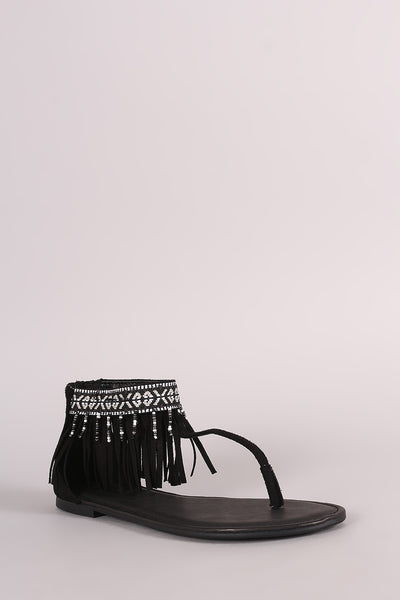 Bamboo Suede Embroidered Fringe Cuff T-Strap Flat Sandal