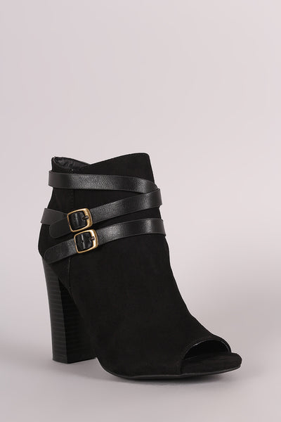 Bamboo Suede Buckled Strap Chunky Heeled Booties