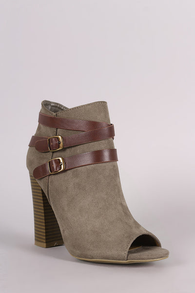 Bamboo Suede Buckled Strap Chunky Heeled Booties