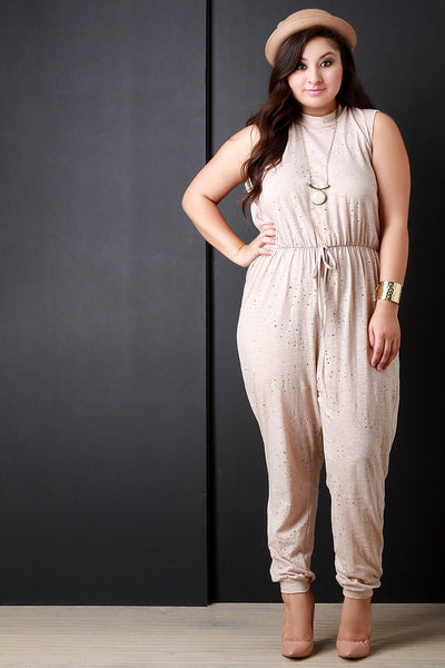 Distressed Hole Mock Neck Sleeveless Jumpsuit