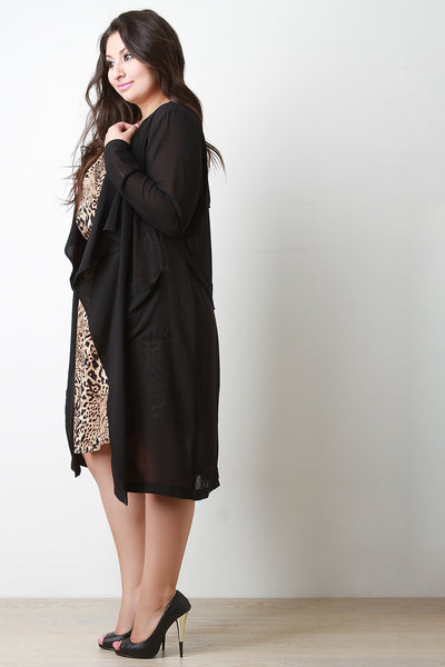 Chiffon Draped Longline Open Front Cardigan Jacket