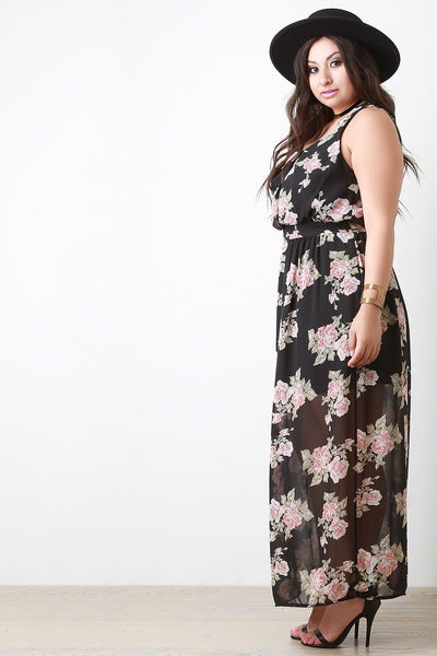 Rosette Print Chiffon Sleeveless Maxi Dress