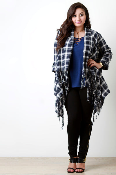 Plaid Fringe Hem Draped Boxy Cardigan