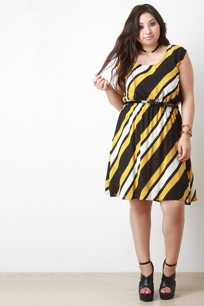 Diagonal Stripe Sleeveless Belted Dress