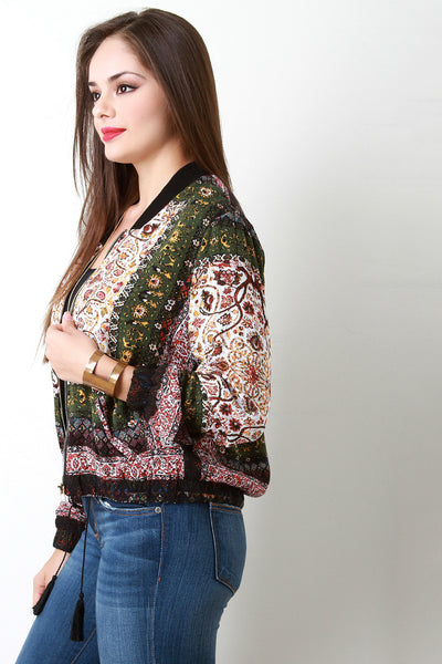 Paisley Boho Tassel Tie Bomber Jacket