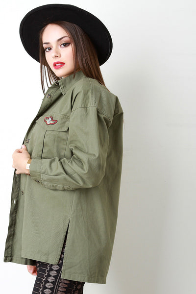 Patched Military Pocketed Denim Jacket