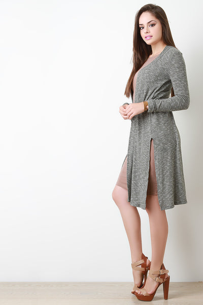 Marled Knit Long Side Slit Cardigan