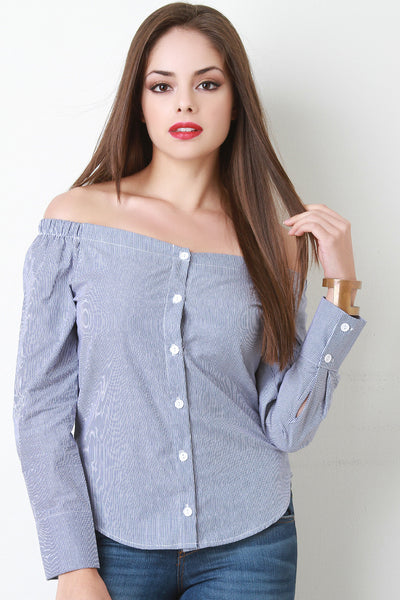 Pin Stripe Off The Shoulder Long Sleeve Button Up Top