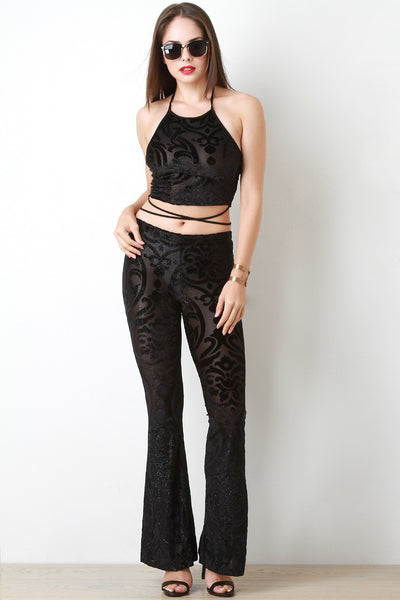 Velveteen Damask Bell Bottom Pants