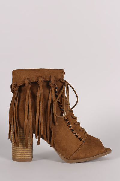 Suede Tassel Fringe Cuff Lace Up Chunky Heeled Booties