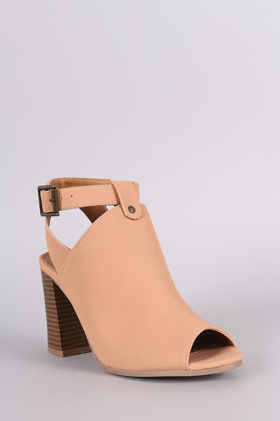 Qupid Nubuck Buckled Peep Toe Chunky Heeled Mule Booties