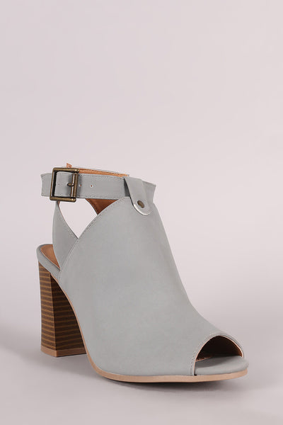 Qupid Nubuck Buckled Peep Toe Chunky Heeled Mule Booties