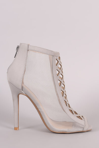 Qupid Geo Cutout Mesh Peep Toe Ankle Boots