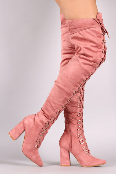 Suede Over The Knee Corset Lace Up Chunky Heel Boots