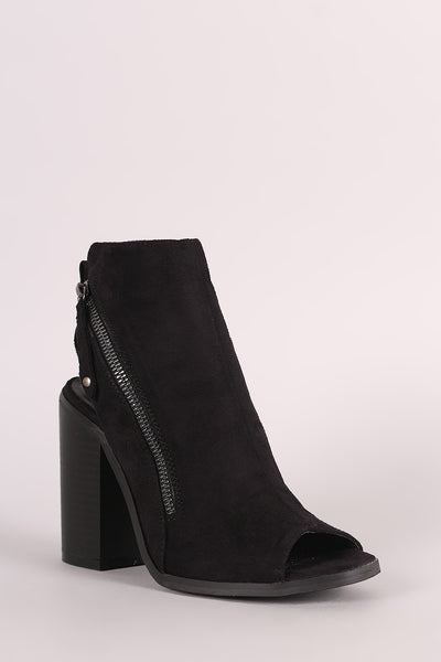 Suede Slanted Zipper Chunky Heeled Booties