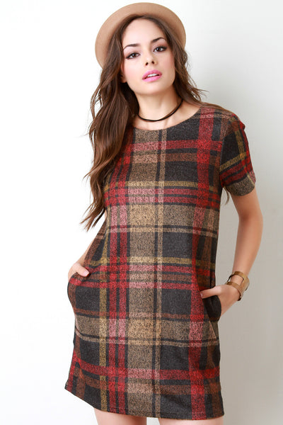 Plaid Wool Short Sleeve Pocketed Mini Dress