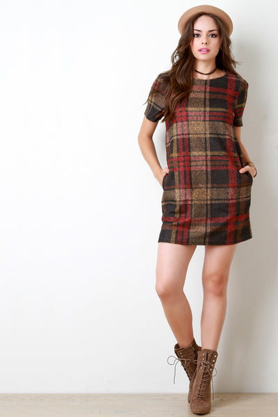 Plaid Wool Short Sleeve Pocketed Mini Dress