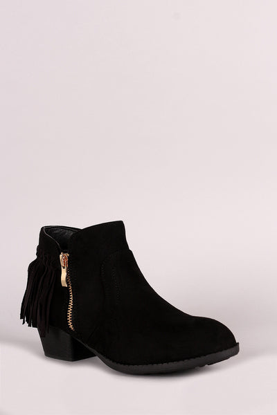 Suede Back Fringe Block Heel Booties