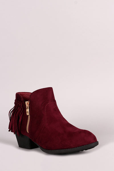 Suede Back Fringe Block Heel Booties