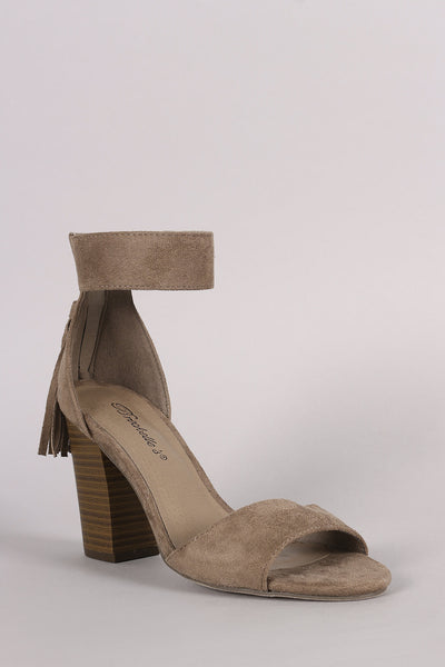 Breckelle Suede Tassel Ankle Cuff Open Toe Chunky Heel