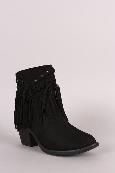 Suede Studded Fringe Chunky Heeled Western Ankle Boots