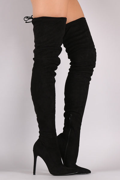 Pointy Toe Drawstring Tie Stiletto Suede Over-The-Knee Boots