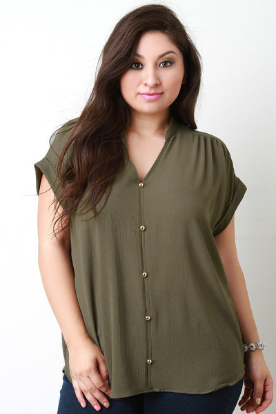 Boxy Cuffed Sleeve Button Top